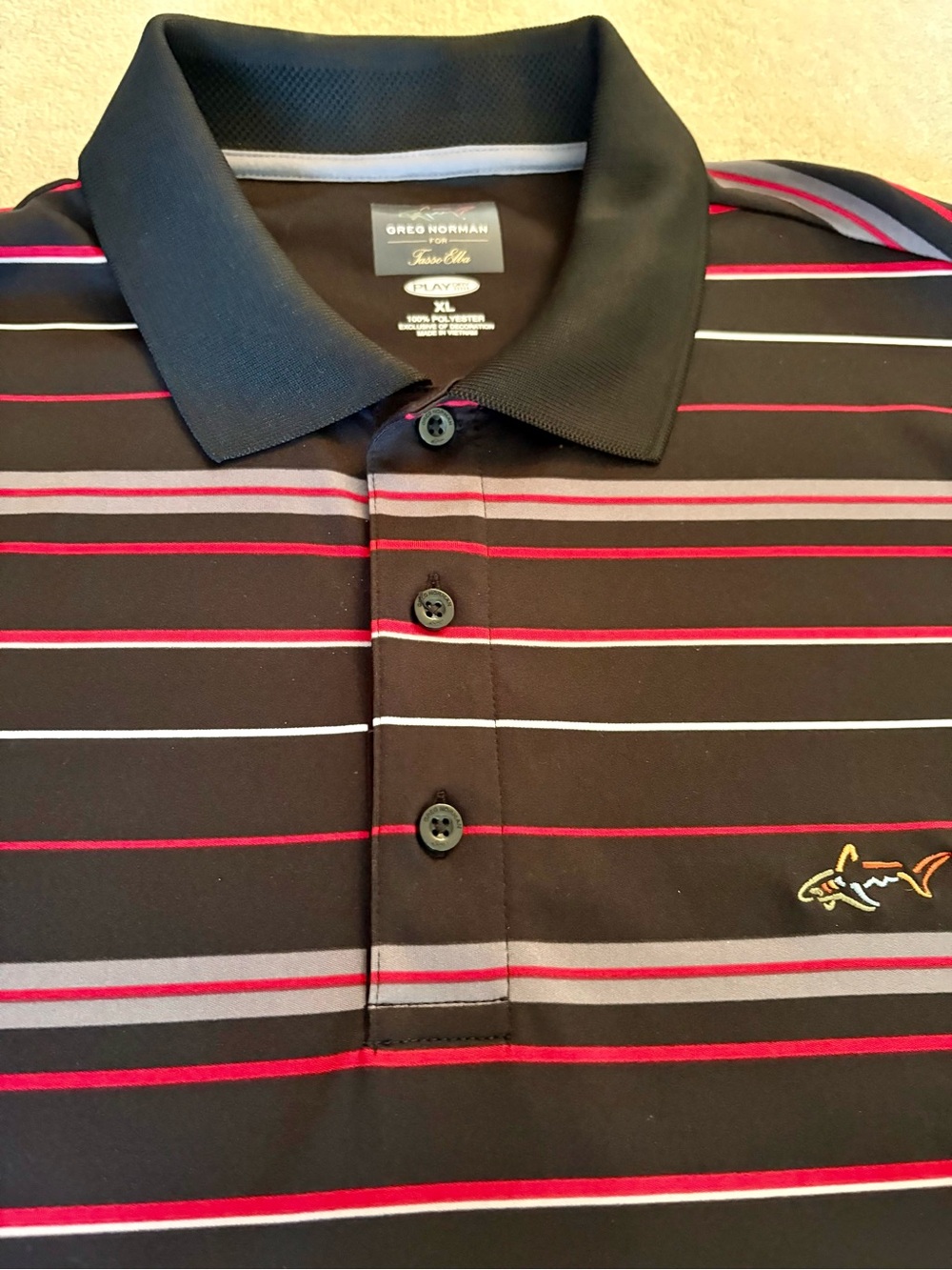Greg Norman Black Polo with Red and Gray Stripes and Embroidered Shark